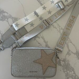 Glitter Crossbody Bag with Star Accent - Silver and Beige